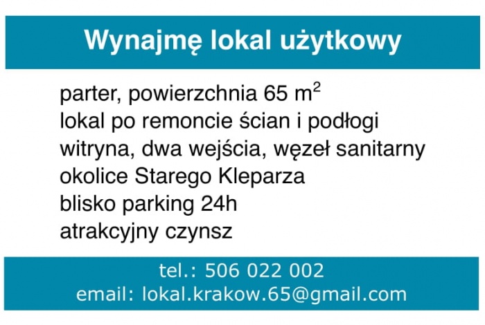 Komercja na wynajem w Kraków Śródmieście  o powierzchni 65 mkw