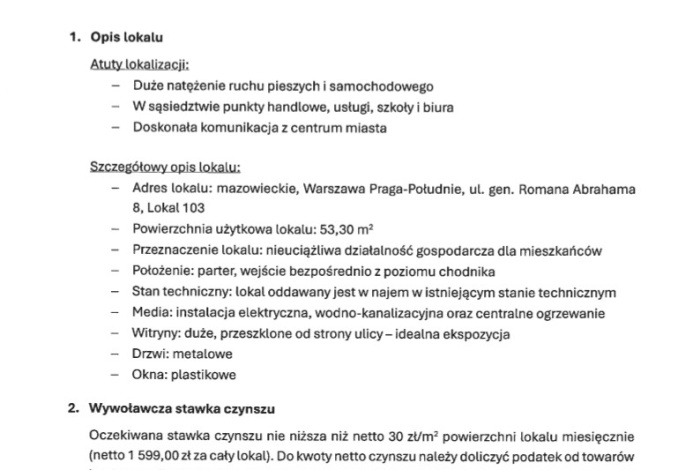 Komercja na wynajem w Warszawa Praga-Południe gen. Romana Abrahama 8 o powierzchni 54 mkw