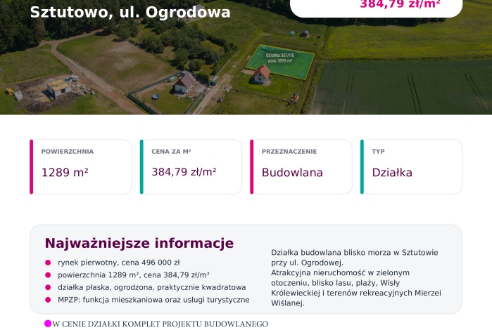 Działka na sprzedaż w Sztutowo Sztutowo Ogrodowa o powierzchni 1289 mkw