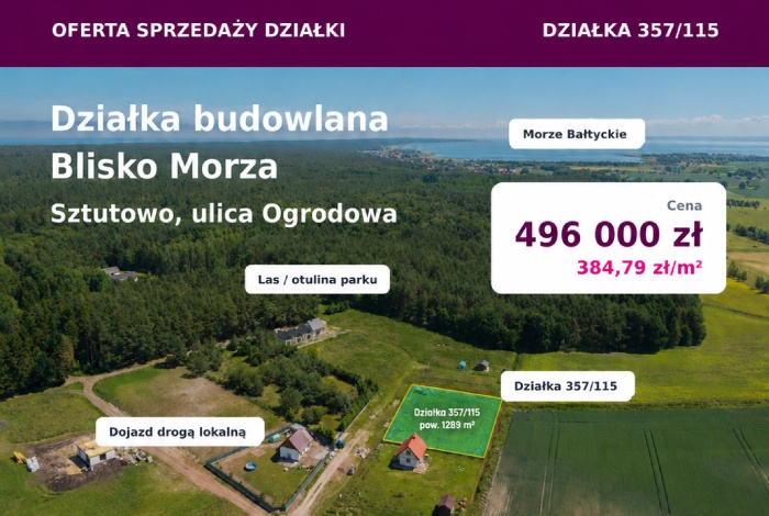 Działka na sprzedaż w Sztutowo Sztutowo Ogrodowa o powierzchni 1289 mkw
