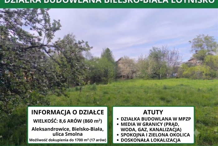 Działka na sprzedaż w Bielsko-Biała Aleksandrowice Smolna o powierzchni 860 mkw