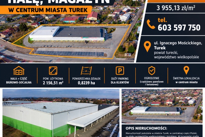 Komercja na sprzedaż w Turek  Ignacego Mościckiego o powierzchni 2156 mkw